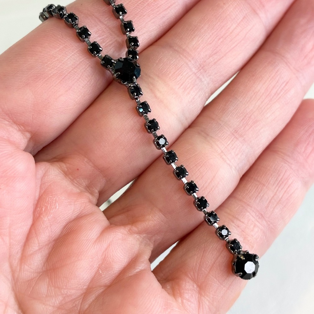 Vintage Necklace Black Rhinestone Y-Drop Gunmetal Tone Chain